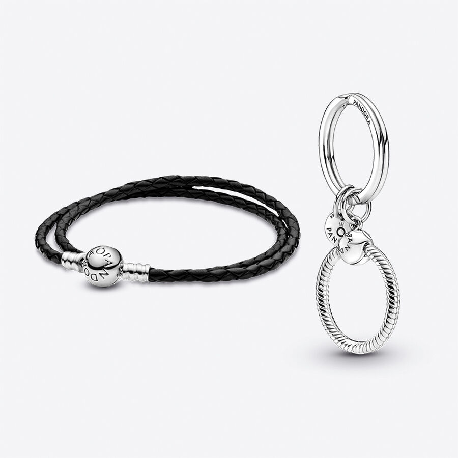 Coffret Cadeaux Double Bracelet en Cuir Noir et Porte-Clés à Charms Pandora Moments image number 0